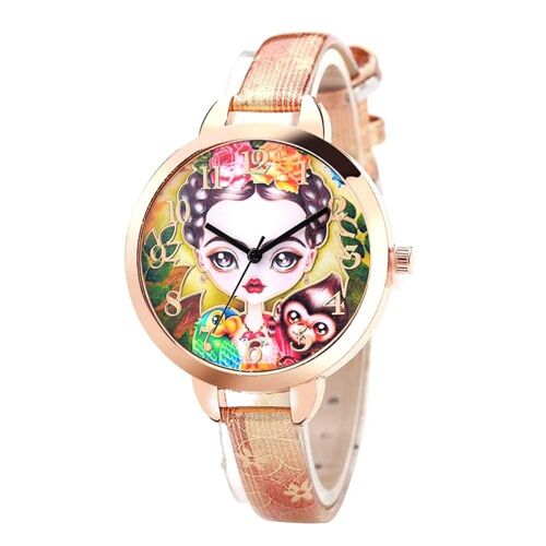 Motif Singe Cadran Rond Réglable Bracelet Pu Montre Analogique À Quartz (Or)