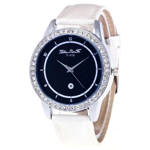 Zhoulianfa Strass Décoration Cristal Grain Pu Bracelet Cuir Montre Pour Femme (Blanc)