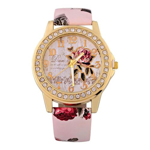 Montre Analogique À Quartz Pu Bracelet Imprimé Fleur Avec Décoration De Strass (Bracelet Rose)