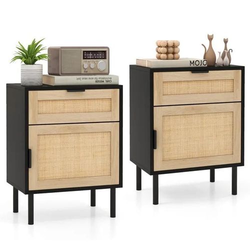Costway Lot De 2 Table De Chevet En Rotin Avec Tiroir Et Porte, Pieds Métalliques Pour Salon, Chambre, 45 X 30 X 59 Cm, Noir