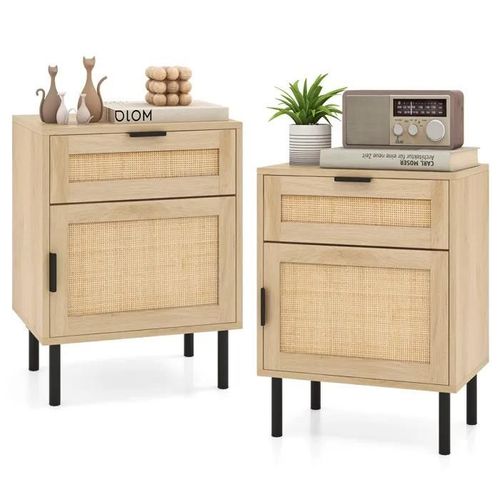 Costway Lot De 2 Table De Chevet En Rotin Avec Tiroir Et Porte, Pieds Métalliques Pour Salon, Chambre, 45 X 30 X 59 Cm, Naturel