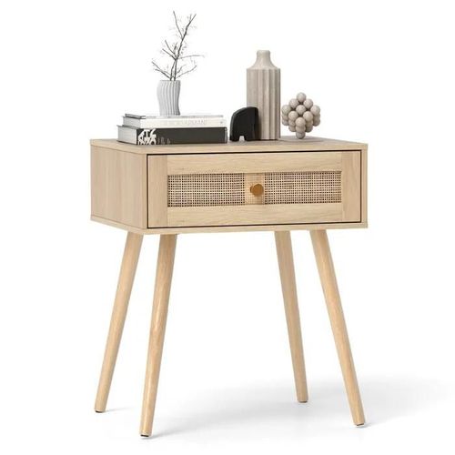 Costway Table De Chevet En Rotin Avec Tiroir, Pieds En Bois, Table De Nuit Pour Salon, Chambre, 48 X 40 X 58 Cm, Naturel