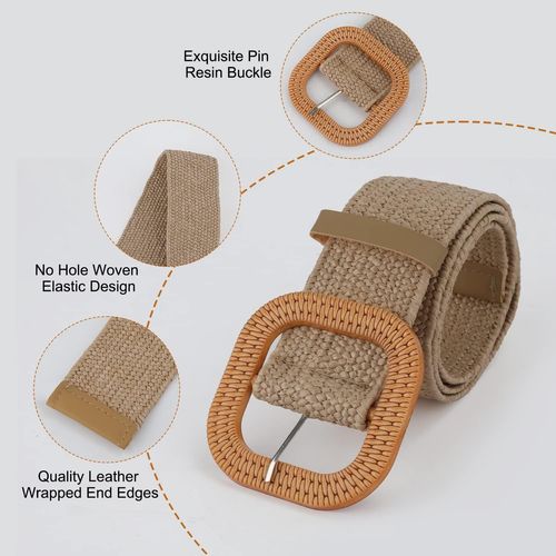 Tianyi-2pcs Ceinture Élastique Femme, Extensibles Ceintures Élastiques En Paille Ceintures Pour Robe De Plage D'été Avec Boucle En Bois Tressée Pour Femmes Ceintures Larges Pour Robes Femmes