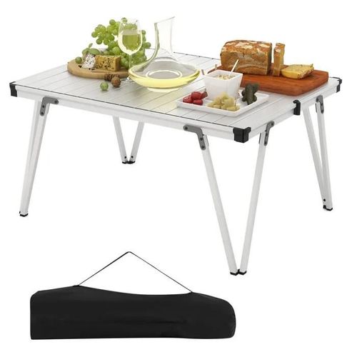 Costway Table Pliante De Jardin Avec Sac De Rangement, Plateau Etanche Et Enroulable, Structure En Aluminium, Charge 80 Kg, Argent