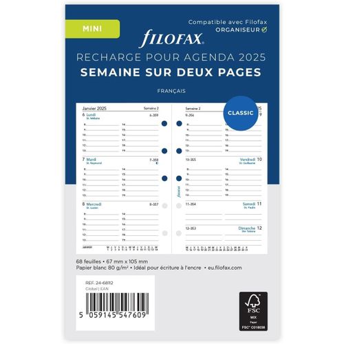 Filofax Recharge Mini 67x105mm Semaine Sur Deux Pages - Français - 2025