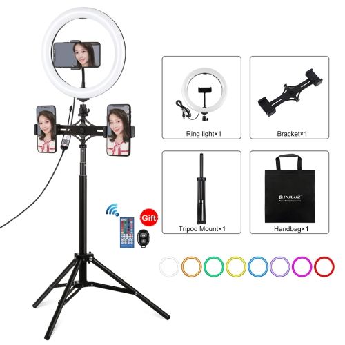 Puluz 10,2 Pouces 26 Cm Rgbw Led Anneau Selfie Beauté Lumière De Remplissage Pu455b + Pu394 Double Caméra Barre Transversale + Pu450b Trépied Diffusion En Direct Ensemble Avec Télécommande Et Pince Pour Téléphone Portable (Couleur : Noir) - 4,7 Pouces