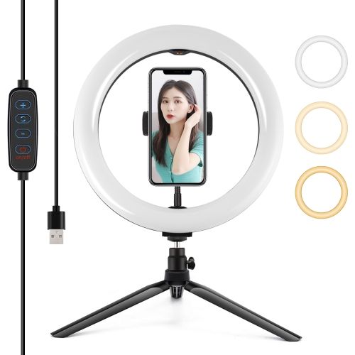 Trépied de bureau PULUZ + PU397 10,2 pouces 26 cm Anneau lumineux LED à intensité variable pour selfies, avec clip pour téléphone (couleur : noir) - 6,2 pouces RGBW