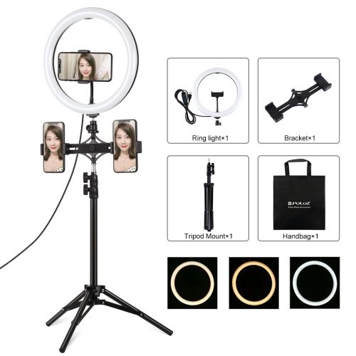 PULUZ 11,8 pouces 30 cm dimmable double température de couleur LED anneau lumière de remplissage PU457B + PU419 trépied + PU394 double position barre horizontale diffusion en direct ensemble pince pour téléphone portable (couleur : noir) - 4,7 pouces