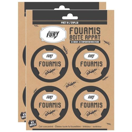 Fury Lot de 2 Packs de 4 Boites Appât Anti-Fourmis 0% Evaporation d'Insecticide