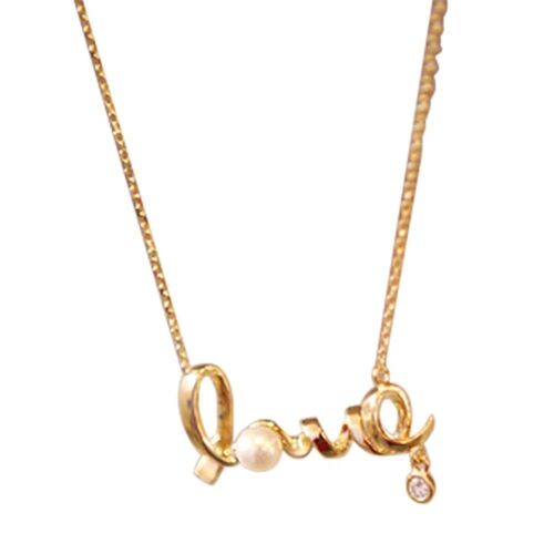 Femmes Lettre Faux Perle Strass Pendentif Décoration Alliage Placage Collier (Or)