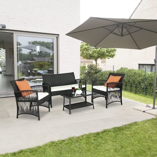 Salon De Jardin Exterieur,4 Pièces, Mobilier De Balcon,1 X Canapé Double + 2 X Fauteuils Simples + 1 X Table Basse + 3 X Coussins D'assise, Noir