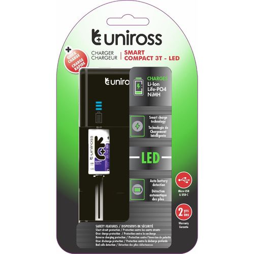 UNIROSS Chargeur Compact 3T LED, Pour 1 à 2 Piles Lithium 18650 & Ni-MH 1.2V AA AAA