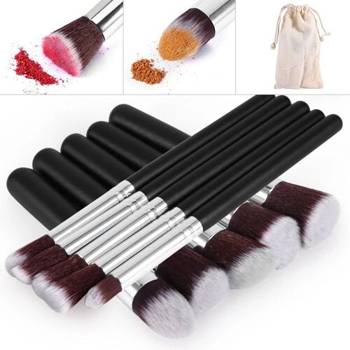 10pcs Visage Poudre Fard À Paupières Fard À Joues Nylon Cheveux Visage Maquillage Pinceau (Noir Argent + Sac En Toile) 