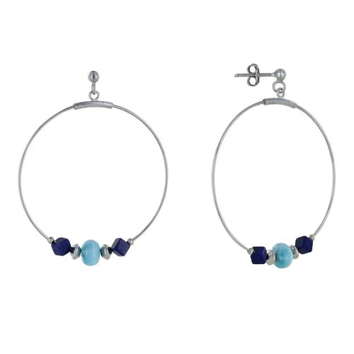 Les Poulettes Bijoux - Boucles D'oreilles Argent Créoles Anneau De Larimar Et Deux Cubes De Lapis Lazuli