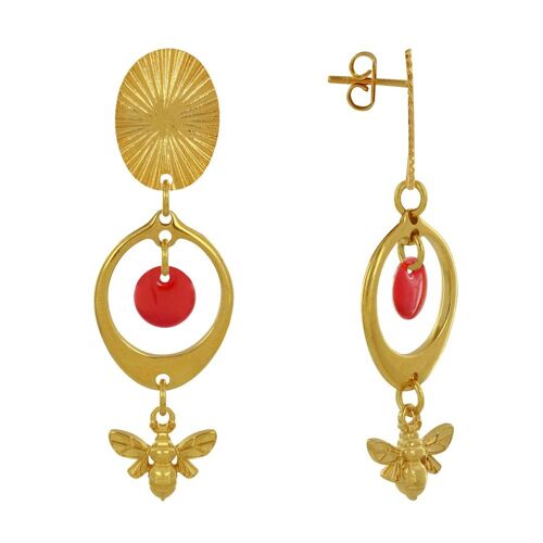 Les Poulettes Bijoux - Boucles D'oreilles Clous Laiton Doré Cercle Pastille Coloré Et Abeille