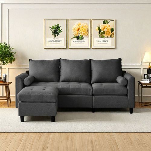 Canapé 3 Places En Velours Avec Pouf Gris Foncé Coventry