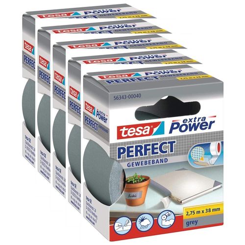 tesa Lot de 5 Rubans toilé adhésif Extra power 38 mm x 2,75 m Gris