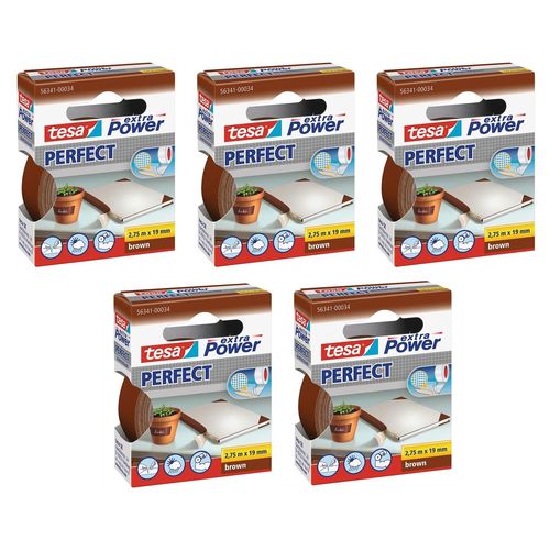 tesa Lot de 5 Rubans toilé adhésif Extra power 19 mm x 2,75 m Marron