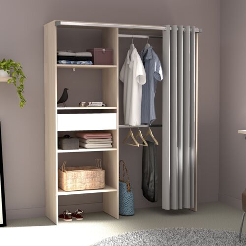 Dressing avec rideau, 4 étagères, 2 penderies et un tiroir bois et blanc BALI