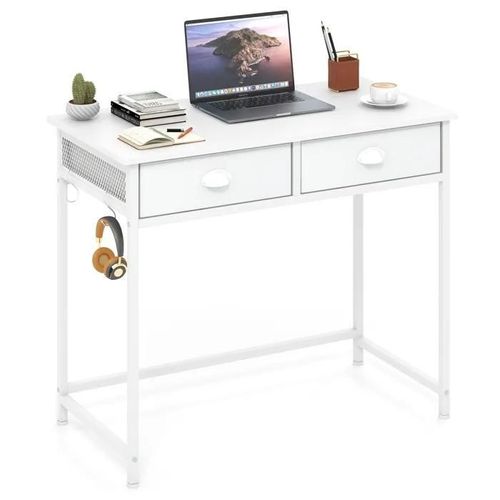 Costway Bureau D'ordinateur Avec 2 Tiroirs En Tissu - 4 Crochets Suspendus 90 X 45 X 75 Cm - Cadre En Métal Pour Salon Et Chambre