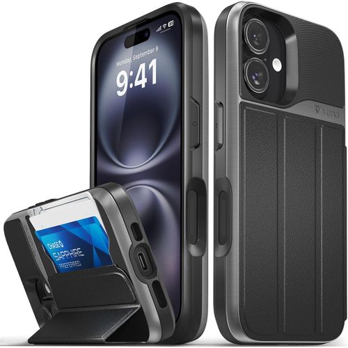Kalanka-Vcommute Étui Portefeuille En Cuir Avec Fente Pour Carte Et Béquille Pour Iphone 16, Protection De Normes Militaires, Noir