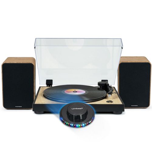 Tourne Disque Pré-amplifié Thomson TT300 Finition BOIS/NOIR - 33/45 tours, Bras AUTO Enceintes Bois 100W, Lumière OVNI LED