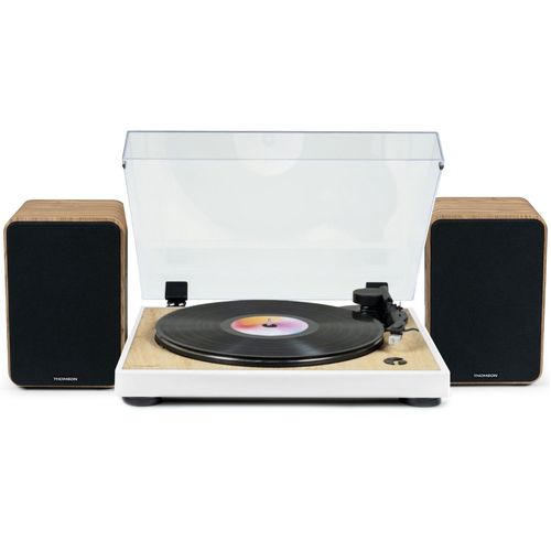 Tourne Disque Pré-amplifié Thomson TT301 Finition BOIS/Blanc - 33/45 tours, Lecture et retour du bras auto. Enceintes Bois 100W