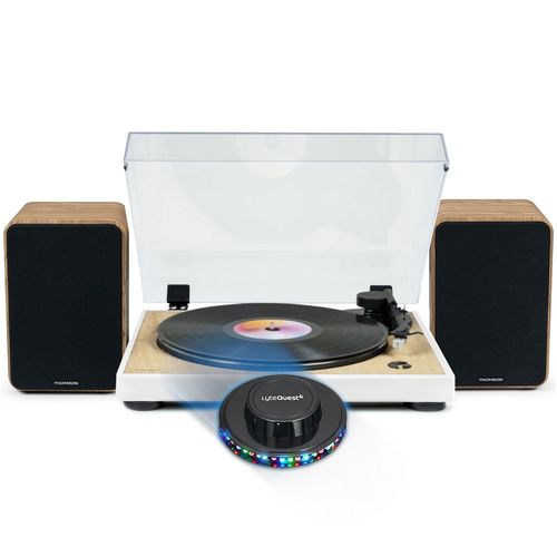 Tourne Disque Pré-amplifié Thomson TT301 Finition BOIS/BLANC - 33/45 tours, Bras AUTO Enceintes Bois 100W, Lumière OVNI LED