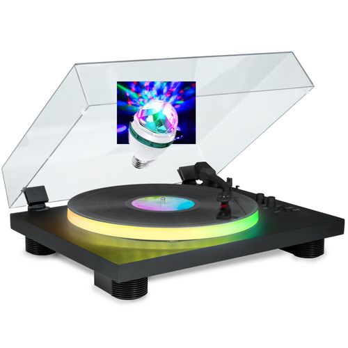 Tourne Disque 33/45/78 tours Bluetooth avec Plateau Lumineux LED - Big Ben PARTYBTTDLIGHT, 6W RMS, Ampoule DIAMS LED