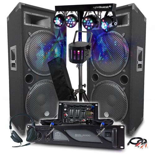 Pack Sono BM SONIC Amplificateur 4000W, Enceintes BOOMERS 38cm, 2x2000W, Table de Mixage Bluetooth, Portiques 8 Lumières LED