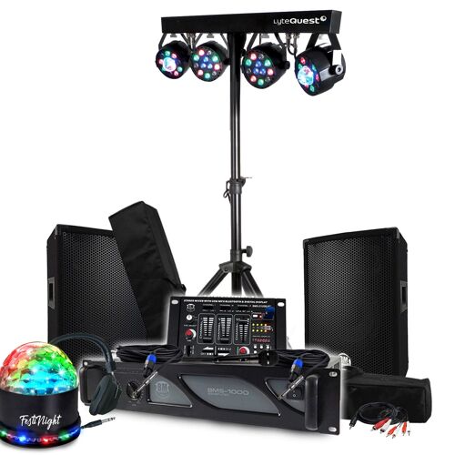 Sonorisation DJ BM SONIC Ampli 1000W, 2 Enceintes 600W, Table de Mixage, 2 Jeux de lumières, Eclairage LED