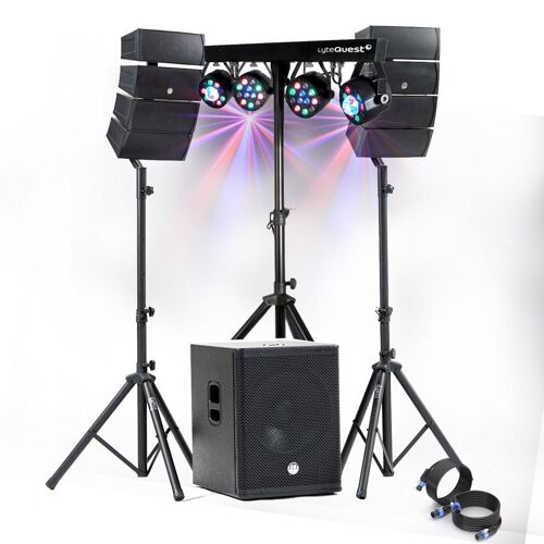 Pack Sono DJ 1200W complet BM SONIC BMS-15-ARRAY-BT Enceintes +SUB 38cm USB/Bluetooth, Câbles, Eclairage LED Bar Salle des fêtes