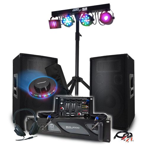 Pack Sono MEGA BASS DJ 3200W BM SONIC, AMPLI 2000W, Enceintes 1200W, Table de Mixage, Portique + 48 effets lumières, Fête Soirée