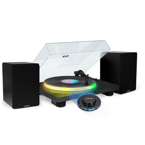 Tourne Disque 33/45/78 tours Bluetooth, Plateau Lumineux LED - Big Ben PARTYBTTDLIGHT, Enceintes Thomson Bois 50W, Lumière OVNI