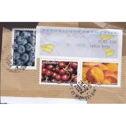 3 Timbres France Obliteres Fruits - Abricots , Cerises , Myrtilles - 2023 Sur Fragment Enveloppe