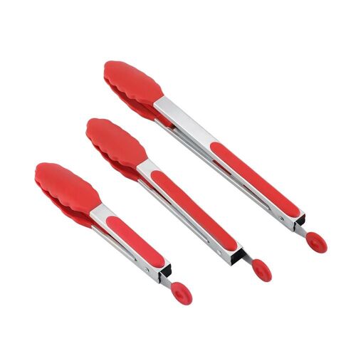 Pince de cuisson verrouillable antiadhésive à usage intensif avec embouts en silicone Pince à salade en acier inoxydable rouge