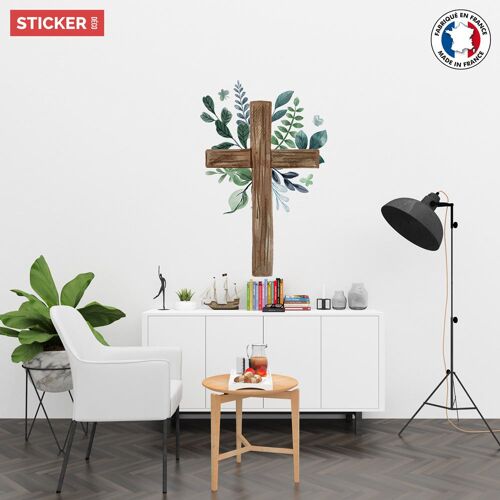 Sticker Croix Chrétienne Fleurie M (Hauteur 58cm, Largeur 37,5cm)