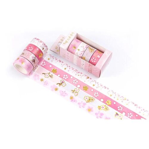 4 Rouleau De Ruban Ensemble Fleurs De Cerisier Étoilées Bandes Décoratives Imprimées Pour Les Arts Bricolage Artisanat Scrapbook Emballage Rose