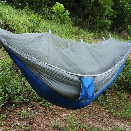 Hamac De Camping Double Personne Avec Moustiquaire Pour Jardin Extérieur Jungle (Gris Et Saphir)