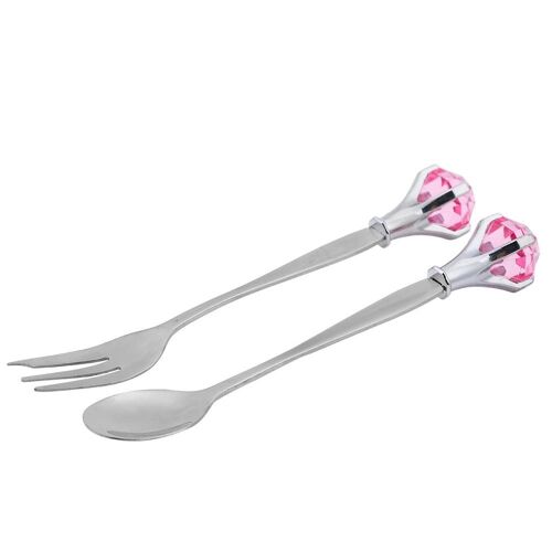 2pcs / Set Cuillère À Dessert De Fruits En Acier Inoxydable + Fourchette Avec Décoration En Forme De Diamant (Rose)