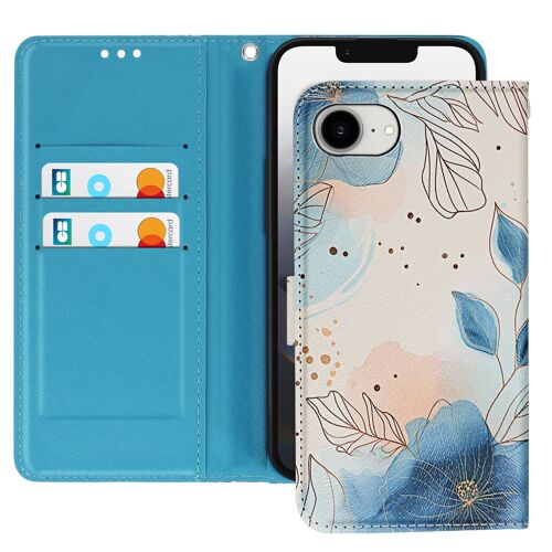 Étui pour iPhone 16e Motif Floral Chic Dragonne et Porte-Carte Bleu