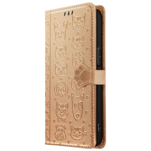 Étui Portefeuille pour iPhone 17e Motifs Chat et Chien avec Fonction Support Dorée
