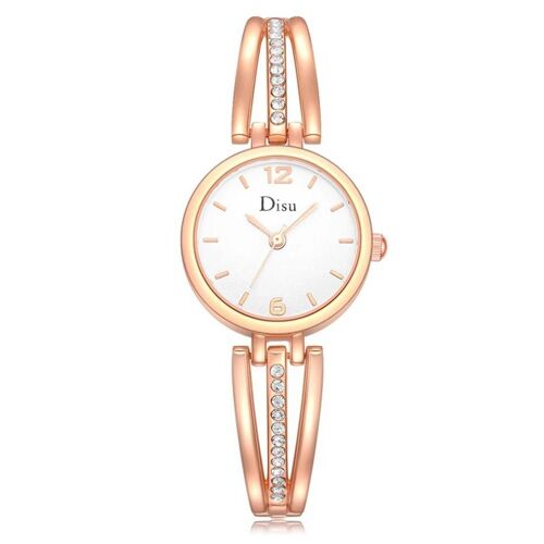Disu Fashion Femmes Métal Zicron Quartz Mouvement Montre-Bracelet (Or Rose + Cadran Blanc)