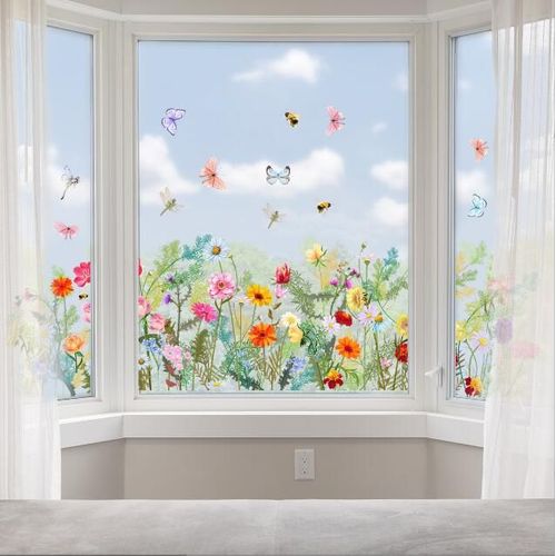 Stickers Fenetre Bleues Fleur de Jardin - AQSACOKIYA - Printemps Autocollant Colibri Dahlia Floral Electrostatique Anti-Collision