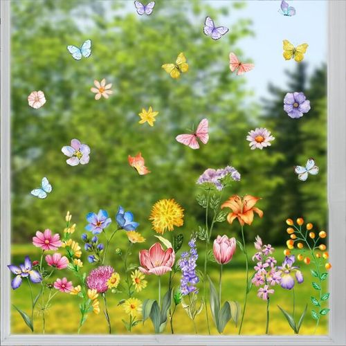 Autocollant Fenetre - AQSACOKIYA - Stickers Printemps Fleurs Plante Feuilles Papillon Stickers pour Décorpour Porte Vitre Printemps