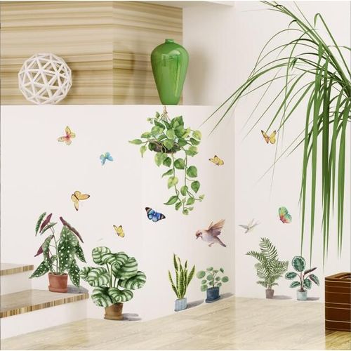 Stickers Fenetre Plante en Pot - AQSACOKIYA - Autocollant Feuilles Tropicales Vertes Colibri Electrostatique Anti-Collision