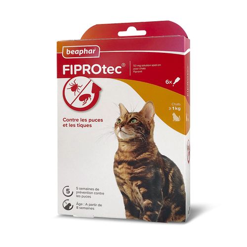 Beaphar – Fiprotec 50 Mg – Solution Spot-On Au Fipronil Pour Chats (> 1 Kg) – 6 Pipettes De 0,5 Ml