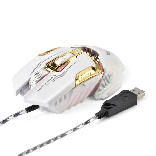 Zerodate Souris de jeu filaire professionnelle avec 7 boutons LED Lumière 4 niveaux DPI réglable Blanc