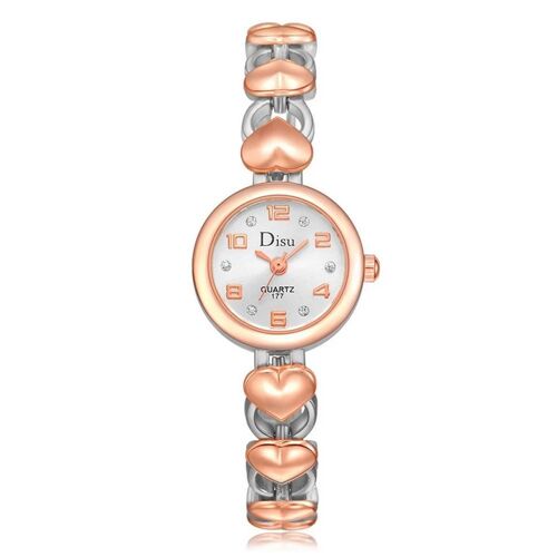 Disu Fashion Femmes Métal Quartz Mouvement Montre-Bracelet Bracelet (Or Rose + Argent + Cadran Blanc)
