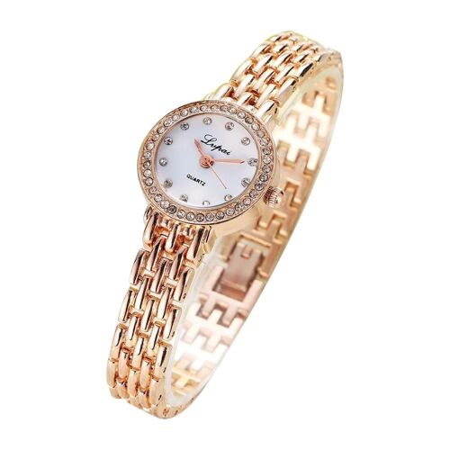 Lvpai Mode Femmes Zircons Quartz Mouvement Montre-Bracelet Bracelet En Métal (Or Rose + Cadran Blanc)